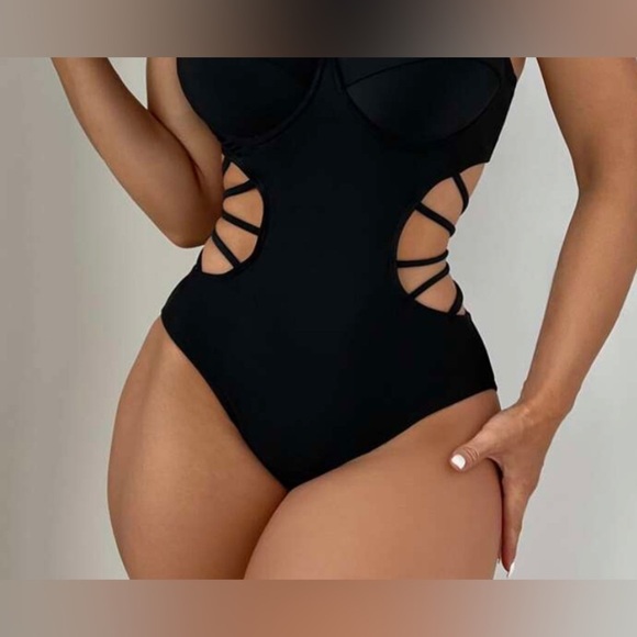 Yoins Yours Inspiration Women’s Solid Black Silky One Piece Bathing Suit Size L - Picture 2 of 16